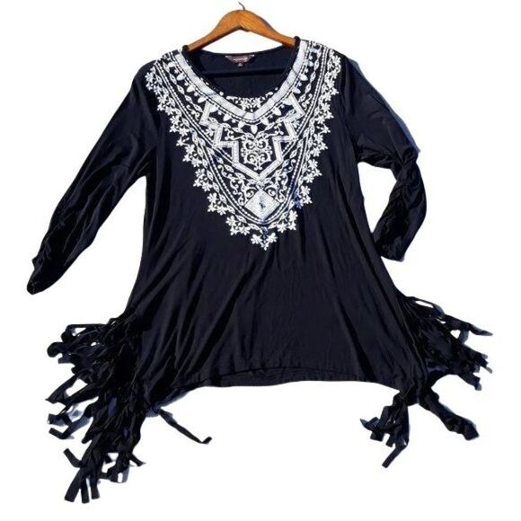 Multiples Western Tunic Lace Bib SharkBite Fringed Hem Long Sleeve Top Blk Sz M - Picture 11 of 12